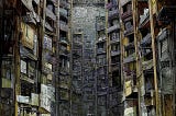 A white figure standing among old papers stacked in shelves in what looks like an abandoned building