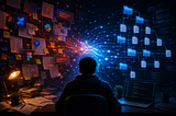 A lone developer sits at a desk between two worlds. On the left, chaotic product and collaboration artifacts float through the darkness: sticky notes, sketches, Slack-like messages, Confluence-style documents, and abandoned diagrams glowing in warm orange and red light. On the right, cool blue folder structures and structured document trees flow into clean code repositories and organized system architecture. Streams of digital energy connect both sides, converging behind the developer to symboli