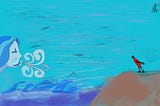 an illustration of a stick figure on the right leaning into a coastal wind. On the left is a mythical figure blowing the wind