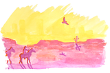 Watercolor painting of a desert with silhouettes of a cowboy on a horse, a cactus and a soaring eagle. Everything is pink and purple except the sky, which is hazy yellow with faint yellow buildings on the horizon. The painting has unfinished edges, and we can see if the picture continued there’d be another horse and presumably a friend for our lone cowboy.