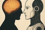 IMAGE: A human silhouette with a glowing brain faces a humanoid robot with visible circuitry, both in profile against a vintage textured background