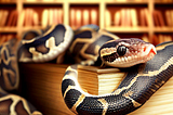 Imagem digital de uma cobra, na cor preta e amarela, em cima de um livro, na frente de uma estante de livros.