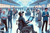 An person in a wheelchair wearing a VR-like headset and holding a tablet in the middle of a very high tech and blue colored society