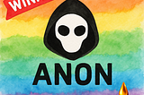A wide-format watercolor-style digital illustration featuring a rainbow pride flag background. The Anon Eyes logo is centered, a “Winner” banner appears in the top left, and the Liquid NFTs logo is placed in the bottom right — symbolizing inclusivity, community, and reward within the Web3 NFT space.