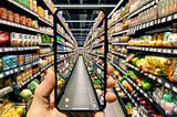 An intricate supermarket aisle captured on an iPhone 12 Max, filled with a diverse array of products ranging from fresh produce to packaged goods.