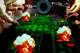 A photo of people crowded around a craps table, shot with a low POV, where the dice would end up after a throw, looking back towards the players. The table is dotted with rising mushroom clouds, and at the head end of the table yawns the smoking mouth of a cannon.