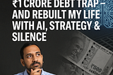 A digital composite image featuring an Indian man in a light blue shirt with a thoughtful expression, positioned on the left. On the right, a glowing digital brain overlaps with grayscale ₹500 currency notes, symbolizing the intersection of financial struggle and technological transformation. In the center, bold white text reads: “How I Escaped a ₹1 Crore Debt Trap — And Rebuilt My Life with AI, Strategy & Silence.”