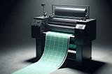 A simple black metal printing press is spotlit in a dark room, it’s printing a long stream of pages covered in plain green squares that flow off into the distance, photorealistic