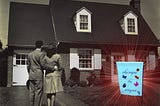 A suburban house; on the law stand a couple, their backs to it, looking appreciatively upon it. On the lawn is a lawn-flag reading ‘Chinga la migra’ in ornate script, surrounded by butterflies and flowers. The flag is limned in red spokes.