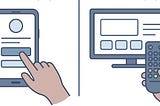 Hands interacting with smartphone on left, TV and remote on right. Blue interface, simple layout. Concept of mobile vs TV control.