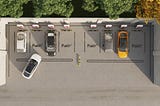 A bird’s eye view image of electric cars parked and looking for parking with Parknav