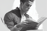 A black and white drawing of a young man reading a book