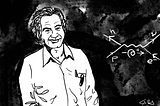 A Procreate illustration of Richard Feynman standing in front of a whiteboard where he liked to lecture.