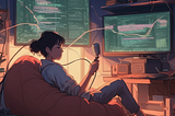 Person relaxing and speaking into a microphone, with AI generating code on a nearby screen, illustrating the concept of vibe coding.