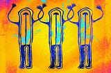 Cave art illustration of a mysterious humanoid figure with arms over its head rendered in psychedelic colors.
