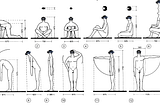 A sketch of measurement of a man in different positions using a VR headset.