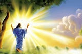 Jesus walking towards resplendent light.