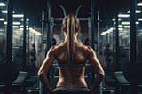 a well-muscled woman’s back -she’s working out in a gym. (Real Insight has your back)