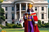 A king in royal garb and a crown stands in front of the U.S. White House.