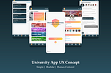 Screenshots of the university mobile app concept, including login screen, home, class page, user profile, and messaging.