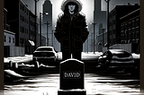A sad man in a parka stands over his friend’s grave against a cold winter backdrop in an inner city.