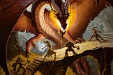 A party of 6 adventurers confront a large dragon. Its mouth is flaming like it’s about to spit fire, while three of them stand on a bridge defending their positions.