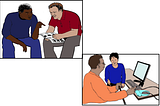 2 images. Left image. 2 men sitting on chairs. 1 man is holding a paper. The 2nd man is pointing to something on the paper and talking to the 1st man about it. Right image. A woman holding a walking stick, looking at a desktop computer. She has a large mouse pad. A 2nd woman is supporting her. Images from ChangePeople.org.uk