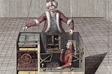 Old sketch of mechanical turk showing the interior and the hidden human chess player