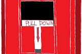 A drawing of a red fire alarm. It says “pull down” in the middle.