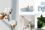 A collage of images: a cotton plant, green leaves, and two chairs and a sneaker, which are sustainably made.