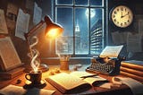 A dimly lit writer’s desk at night, illuminated by a warm desk lamp. An open notebook with handwritten notes, scattered pages, and a steaming cup of coffee create an atmosphere of deep reflection. A clock shows midnight, emphasizing the late-night struggle of creativity. Through the window, a cityscape glows softly in the background, symbolizing the world outside as the writer contemplates their journey. The scene conveys a mood of introspection, discipline, and the balance between struggle and