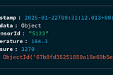 Sample JSON document with timestamp, metadata, temperature, pressure, and _id fields.