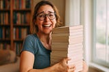 a selfpublishing author looking stressed carrying a lot of books, AI generated image