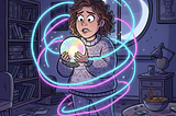 A worried woman holding a crystal ball surrounded by neon swirls