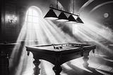 black & white photo of a billiards table in a smoky room