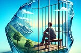 This symbolic image portrays a person inside a transparent, crystal-like prison, representing the invisible barriers created by their own fears and avoidance of pain, set against a backdrop of an unreachable serene landscape.