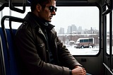 Man with dark hair, dark tan jacket and jeans and wearing dark black sunglasses sits in a bus seat by the window. There is traffic going by outside the bus window.