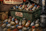 A dumpster in an alley behind the Wok To Remember Chinese Restaurant. Bottles of dry seasonings are overflowing from a dumpster and lying on the ground. The labels on the bottles are half torn off. All that’s left is “-O” on the bottles.