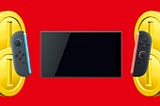 The Switch 2 console with the Joy-Cons removed with Mario-themed coins behind them