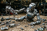 A robot, partially disassembled and seemingly unable to stand, holding what may be part of one of its legs in a robot hand and looking at it, as if trying to understand how to put itself back together. Loose metal pieces are scattered around it on dirt, in front of a workshop in the background. A faint icon in the corner indicates this image was generated by Google’s Gemini AI tool.