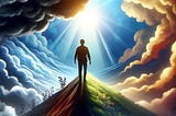 The image symbolizes the journey from darkness into light, capturing a moment of breakthrough and hope. A man is standing on a mountain facing the light. He has conquered his demons.