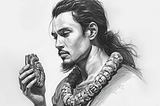 Drawing of a man looking a heart in his hand with a face of deep contemplation by Christopher Knight Lopez