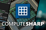 The wallpaper used as hero image for ComputeSharp on the GitHub repo. It has 3 images side by side, showing some blurred shader code, a GPU die, and an image resulting from applying a bokeh blur effect written with ComputeSharp on it. Over the image, at the center, is the project logo (a white grid icon with drop shadow over a blue background), and the “ComputeSharp” title right below it.