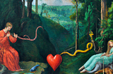 A classical painting depicting a healing scene. Two figures are reclining in a forest, focusing on working on healing a heart in-between them with various healing instruments.