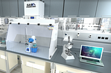 Laboratory scene with ductless fume hood containing rotary evaporator with other lab tools on bench nearby