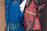 A painting titled Hellelil and Hildebrand, the Meeting on the Turret Stairs (1864) by Frederic William Burton. It depicts a knight in armor embracing a woman in a flowing blue gown. The woman looks down and leans against the wall, while the knight holds her tenderly, his face resting on her arm. The scene conveys a sense of sorrowful longing, with the two lovers sharing a quiet, intimate moment in a medieval stone stairwell.