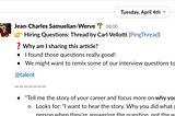 screenshot of a post of an article shared in the #meta_reading_list channel of Alan slack channel by it’s CEO Jean-Charles Samuelian-Werve. The article talks about hiring questions, JC explains why he shared the article and pings the @talent slack group then lists some of the article questions.