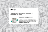 Rectangular screenshot of Medium earnings email on top of faded laid-out dollar bill background.