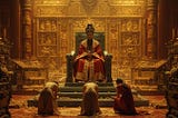 An ancient Chinese emperor on a throne surrounded by wealth