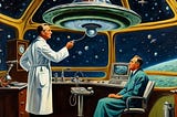 Two doctors in a room with planets and stars visible in the windows. The doctors are examining a small saucer-shaped spacecraft.